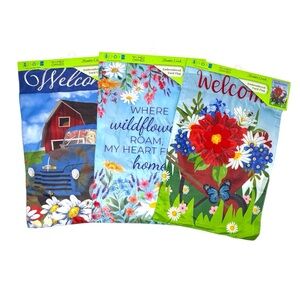 Lot Of 3 Meadow Creek Welcome Farm Truck/Flowers Yard/Garden Flags 11.5in x 18”